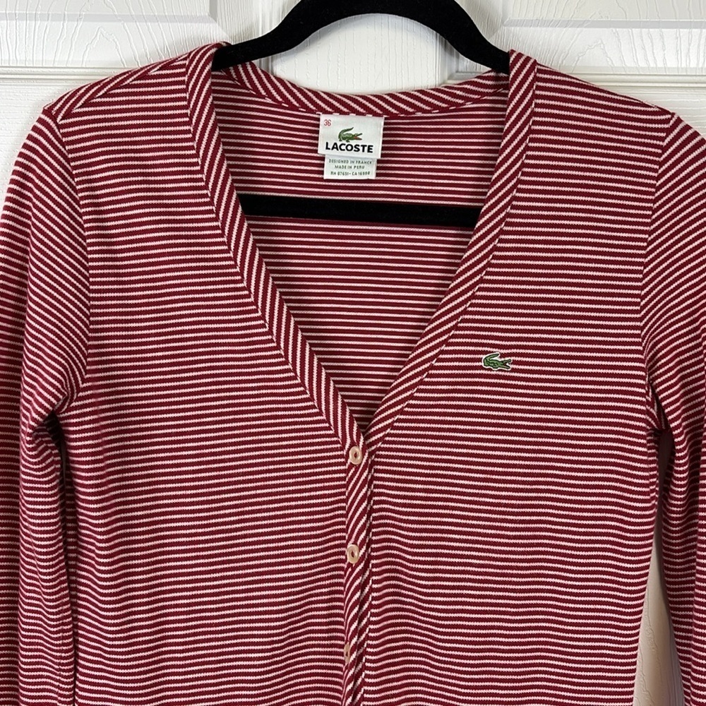 Lacoste red and white striped cardigan sz 36 - Picture 2 of 8